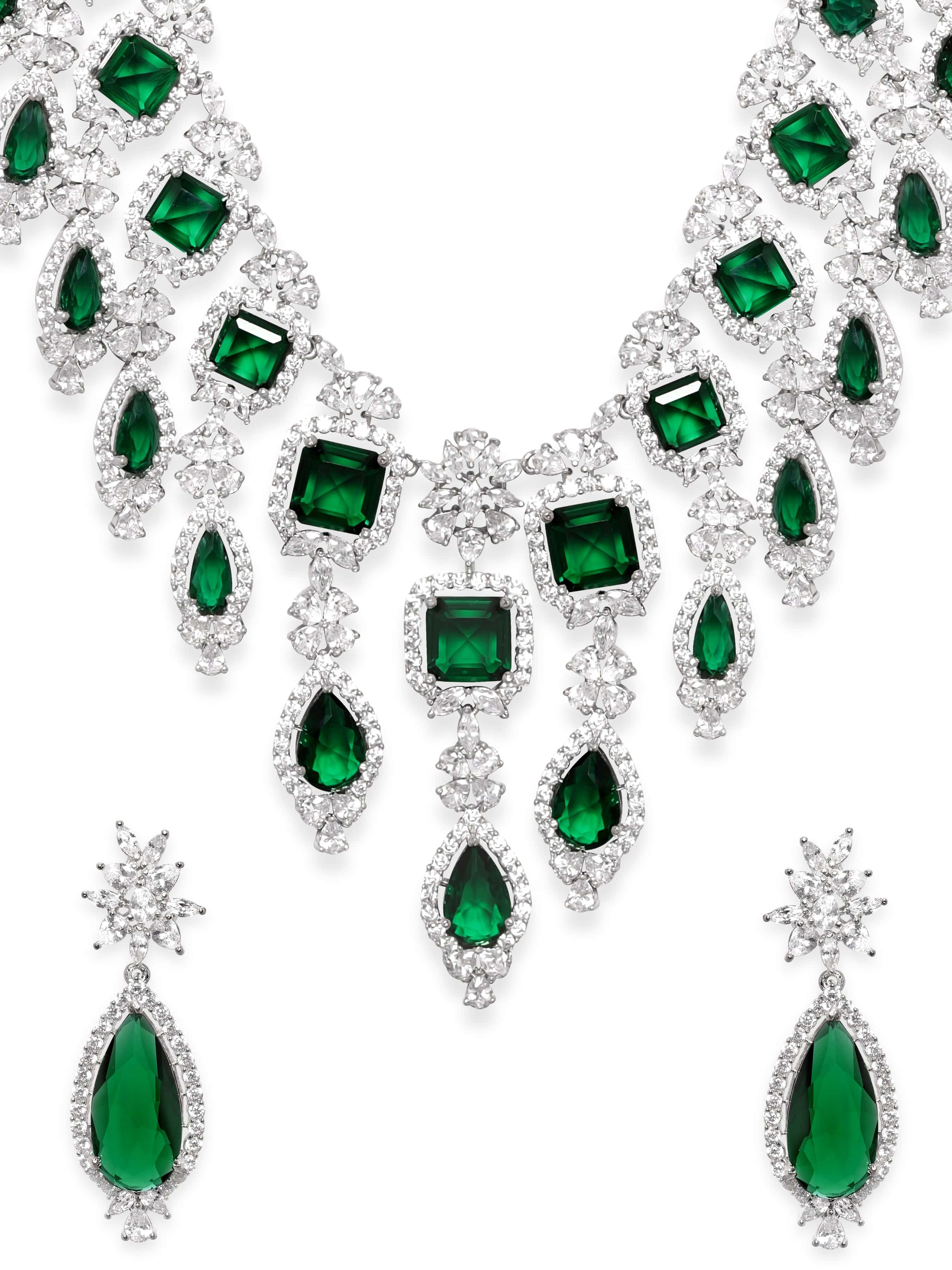 American Diamond Zirconia Floral Green Necklace Set
