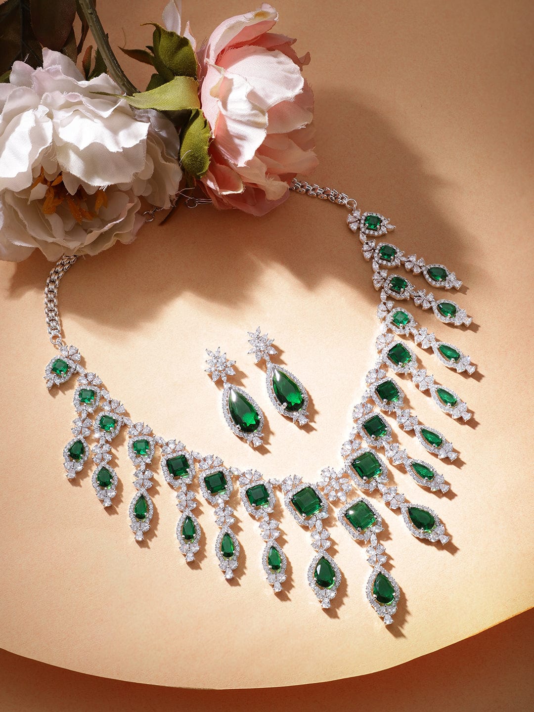 American Diamond Zirconia Floral Green Necklace Set