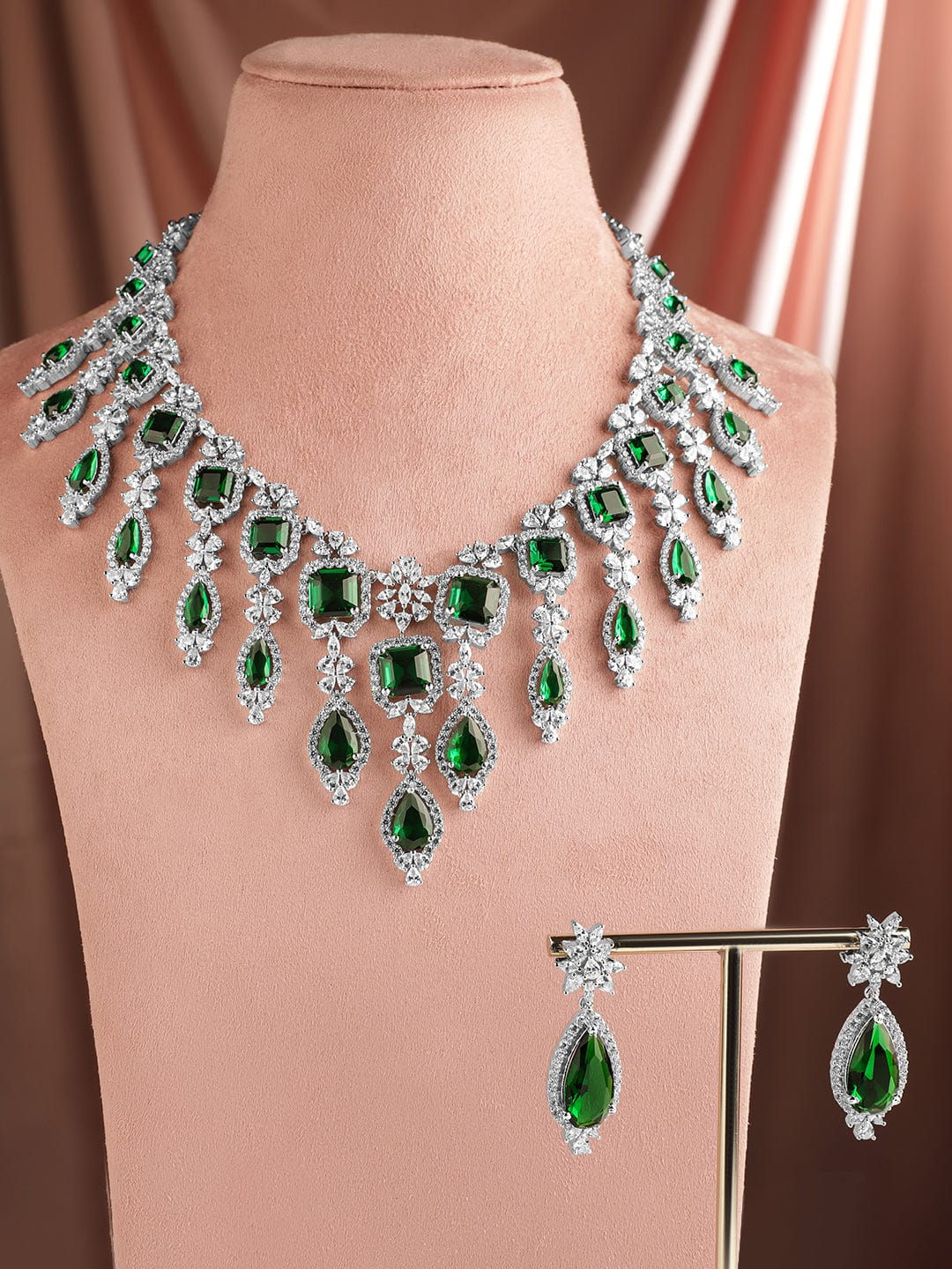 American Diamond Zirconia Floral Green Necklace Set