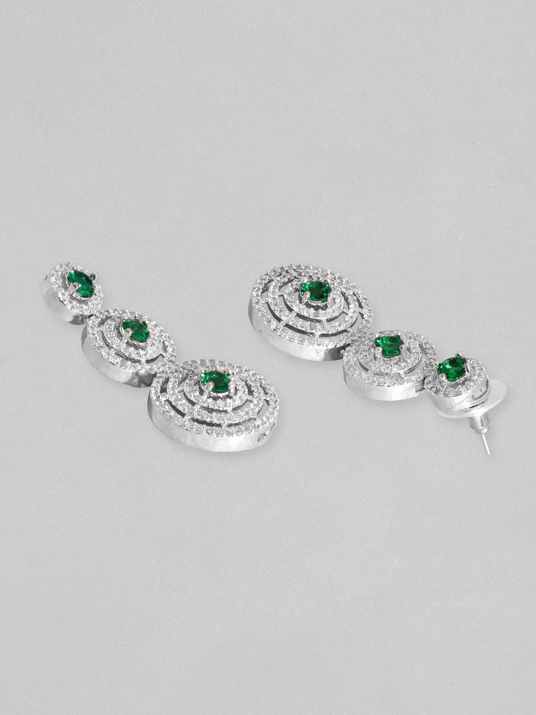 Wentra Rhodium Plated Emerald Green Zircons Studded Jewellery Set