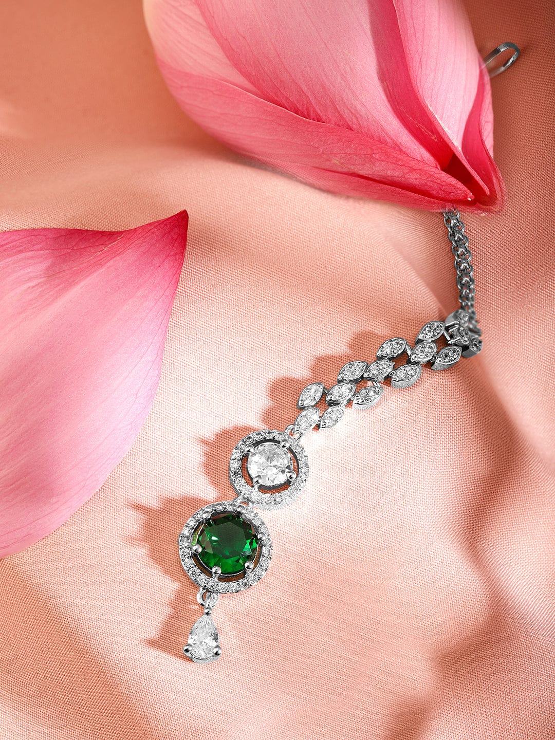 Wentra Rhodium Plated Emerald & White Cubic Zirconia Maang Tikka