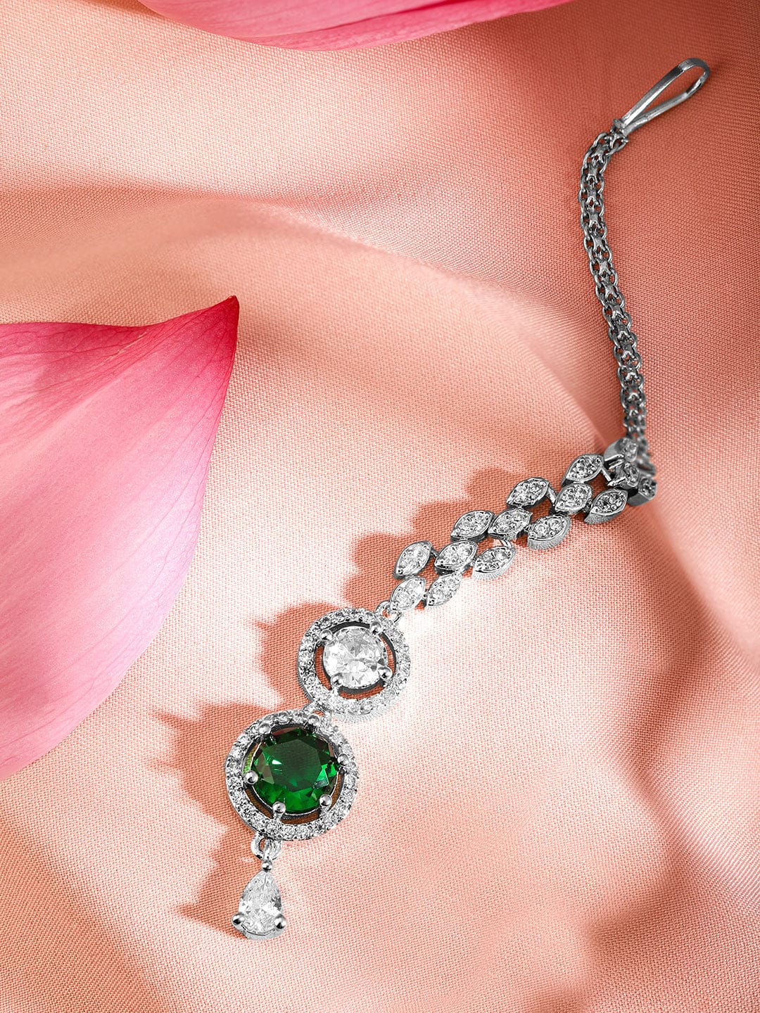 Wentra Rhodium Plated Emerald & White Cubic Zirconia Maang Tikka