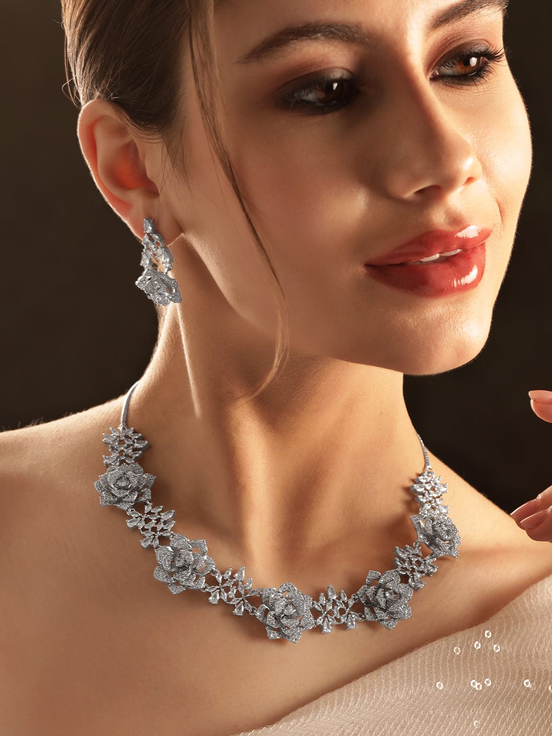 American Diamond Zirconia Floral Motif Necklace Set