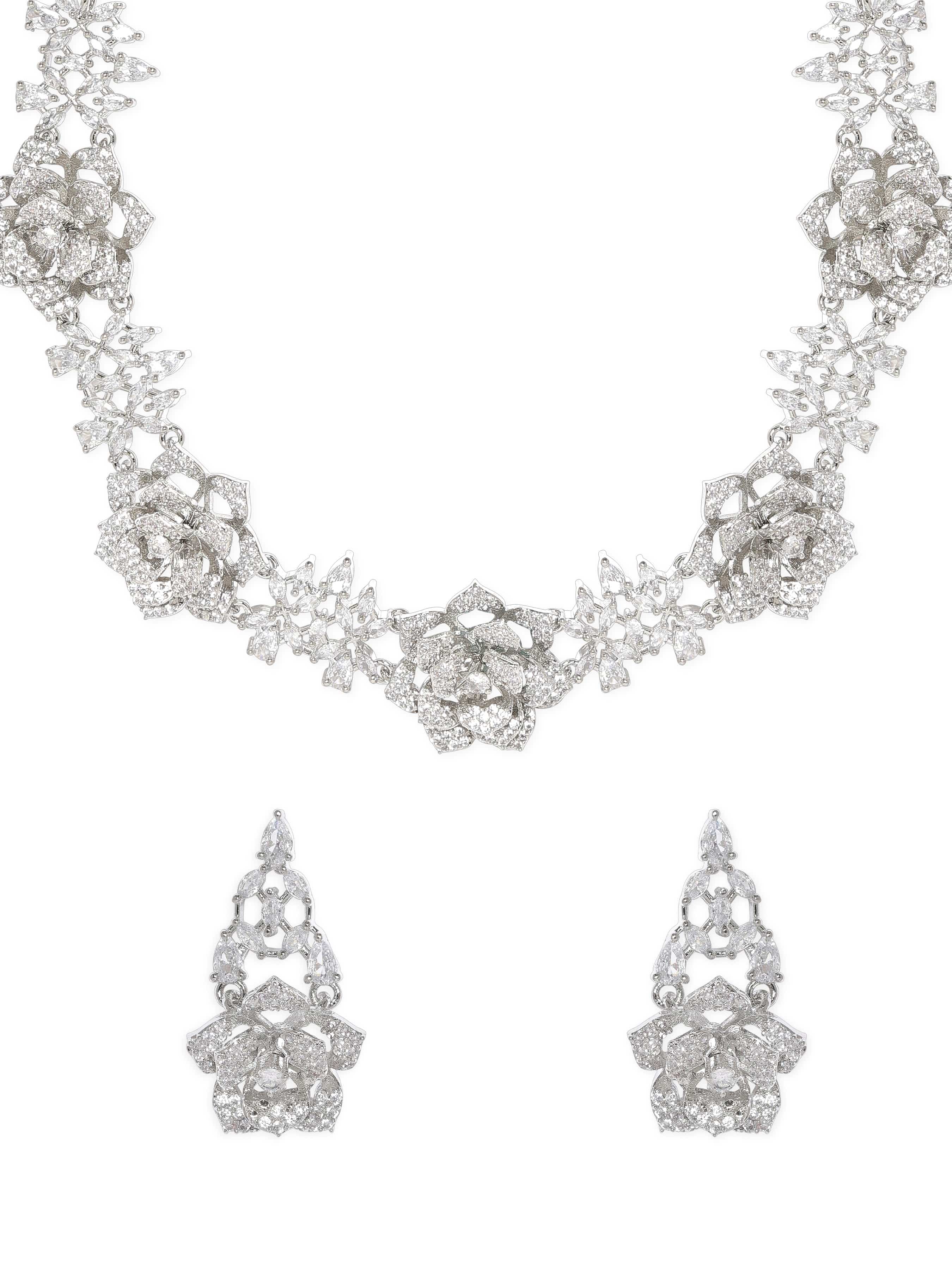 American Diamond Zirconia Floral Motif Necklace Set
