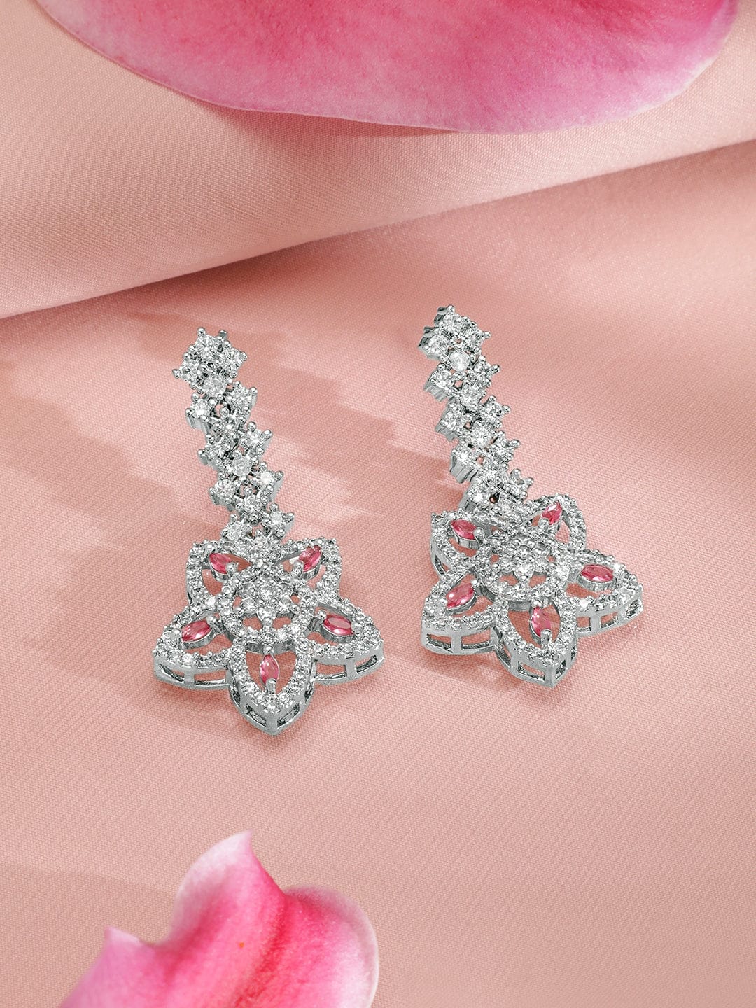 Floral American Diamond Zirconia Pink Necklace Set