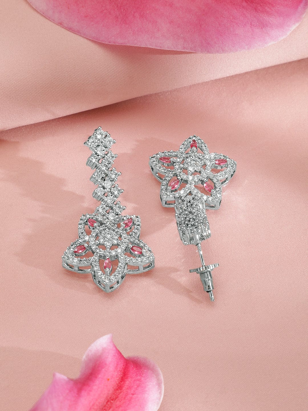 Floral American Diamond Zirconia Pink Necklace Set
