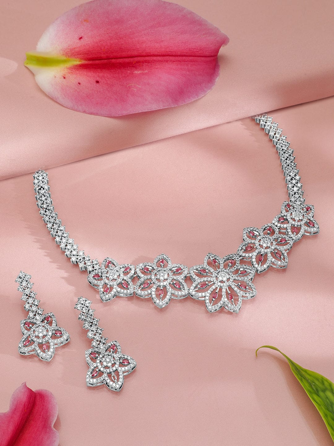 Floral American Diamond Zirconia Pink Necklace Set