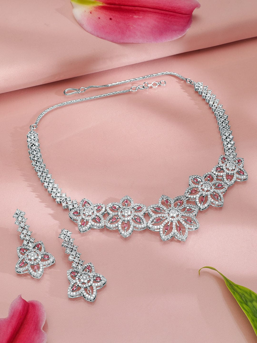 Floral American Diamond Zirconia Pink Necklace Set