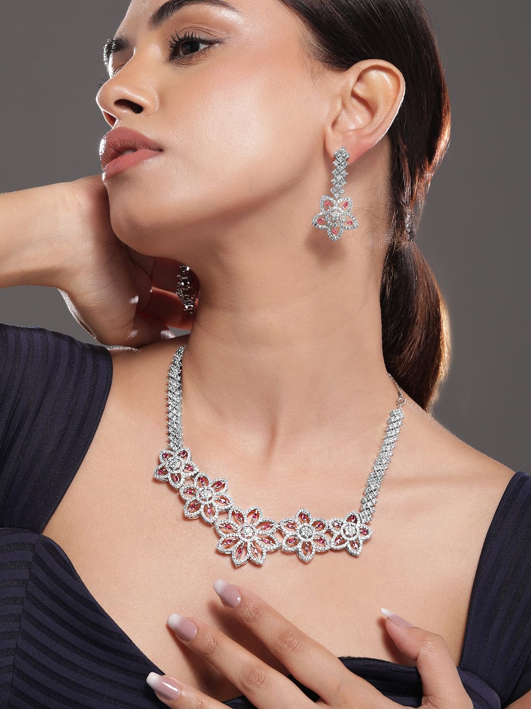 Floral American Diamond Zirconia Pink Necklace Set