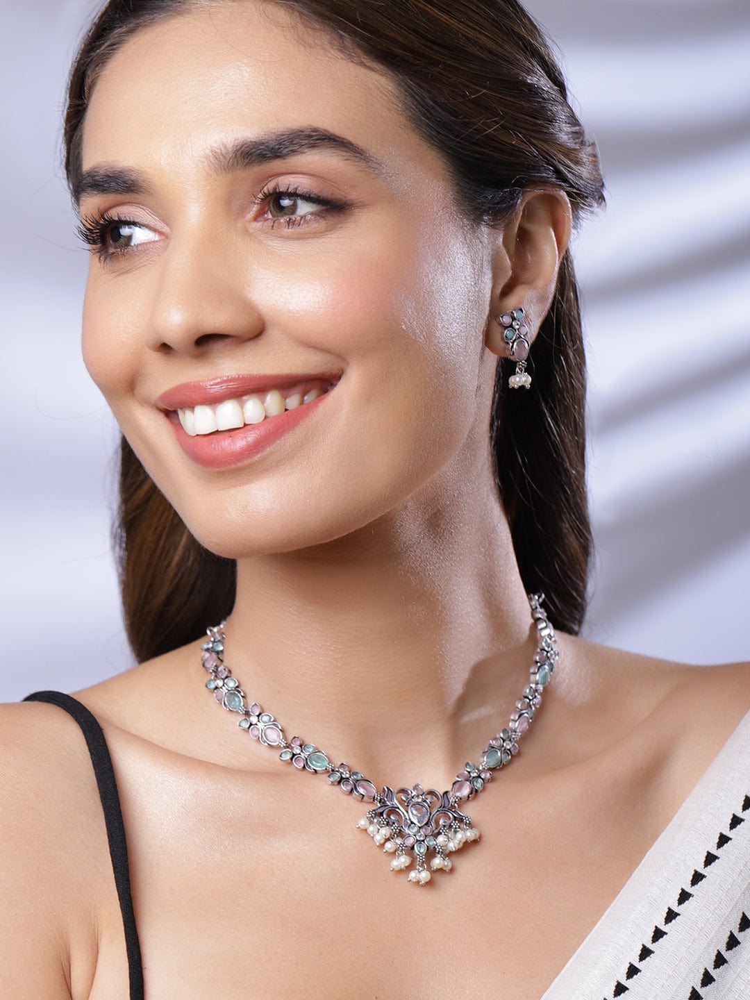 Pink & Blue Oxidised Choker Set