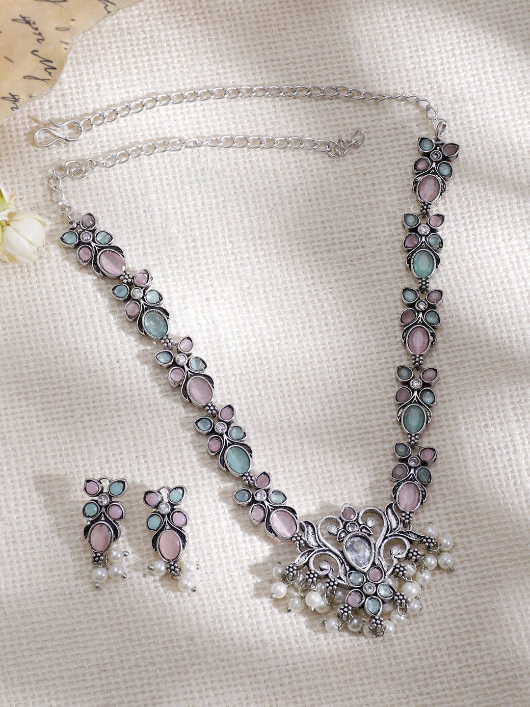 Pink & Blue Oxidised Choker Set