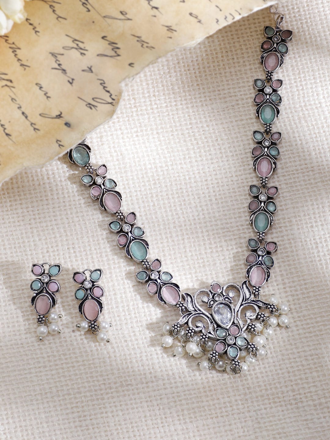 Pink & Blue Oxidised Choker Set