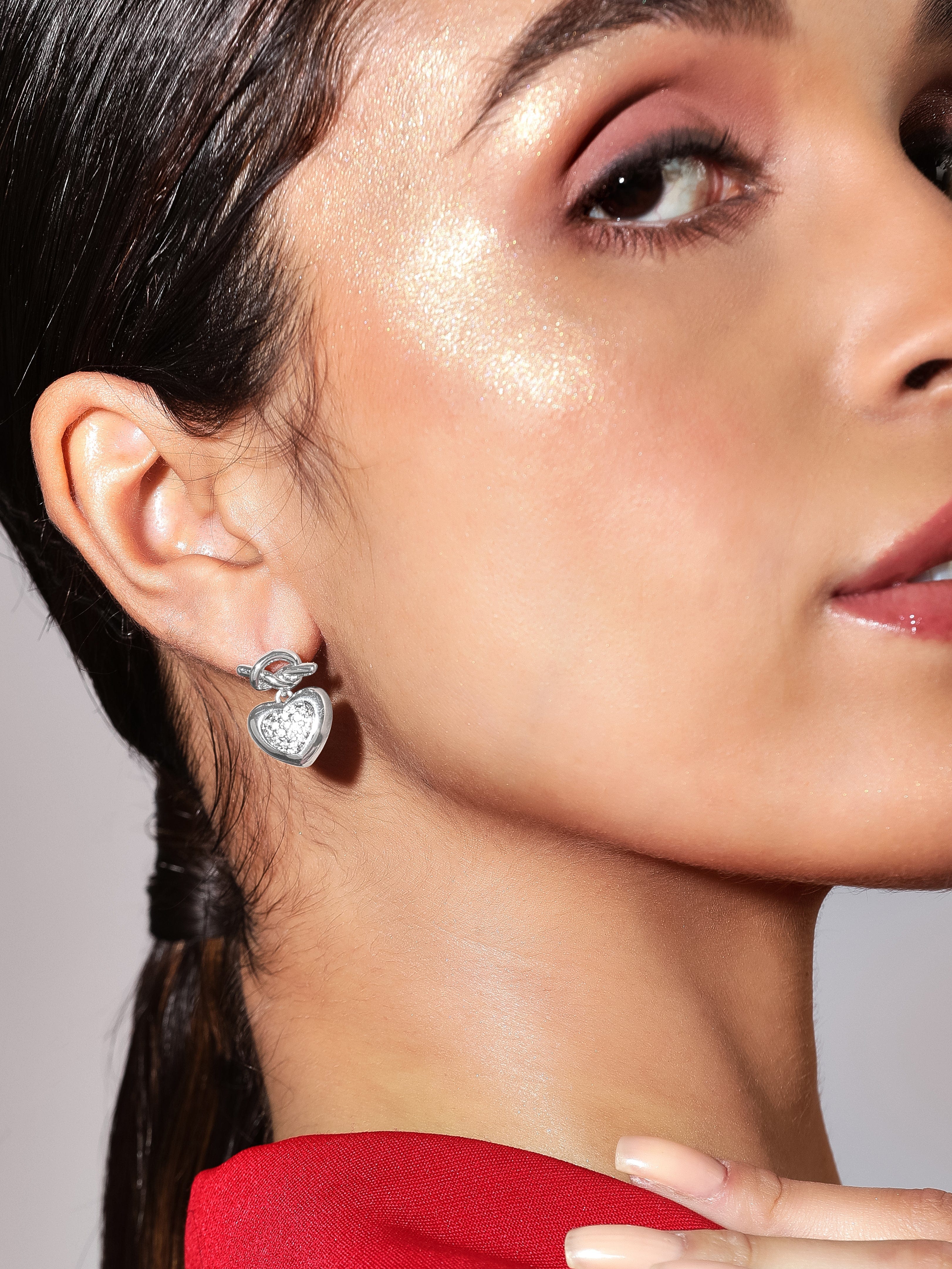 Silver Heart Motif Stud Earrings
