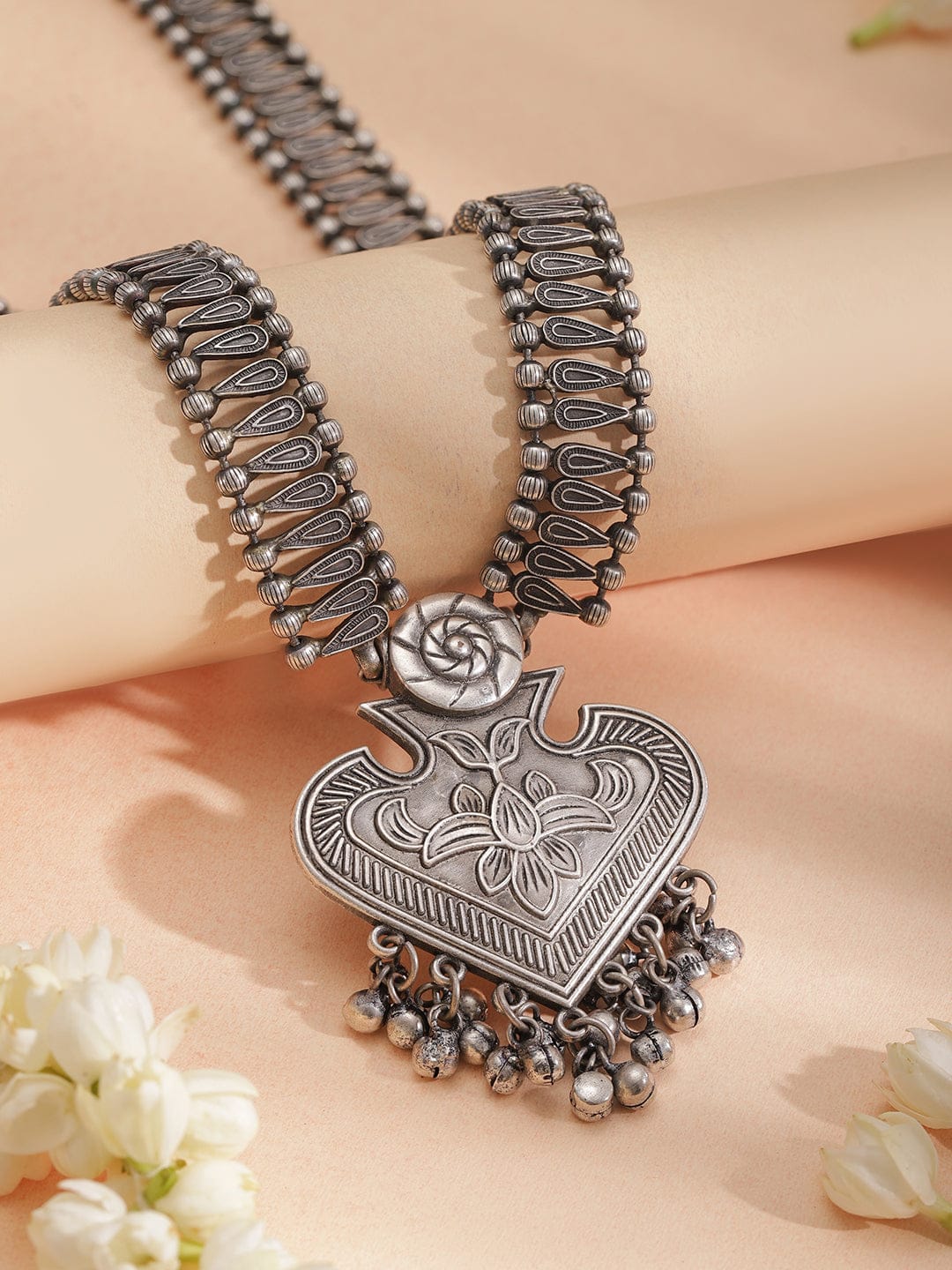 Oxidised Heart Motif Long Necklace Set
