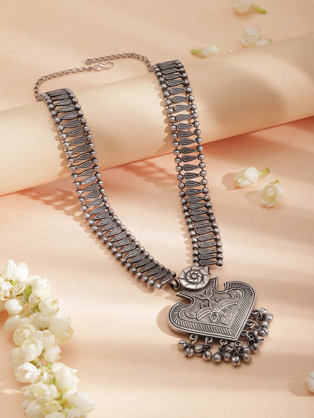 Oxidised Heart Motif Long Necklace Set
