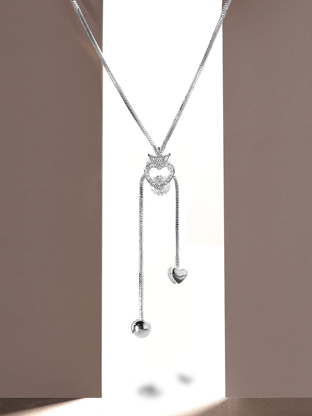 Wentra Rhodium Plated, Minimal Chain Heart Motif Solitaire Zircons Studded Drop Necklace.