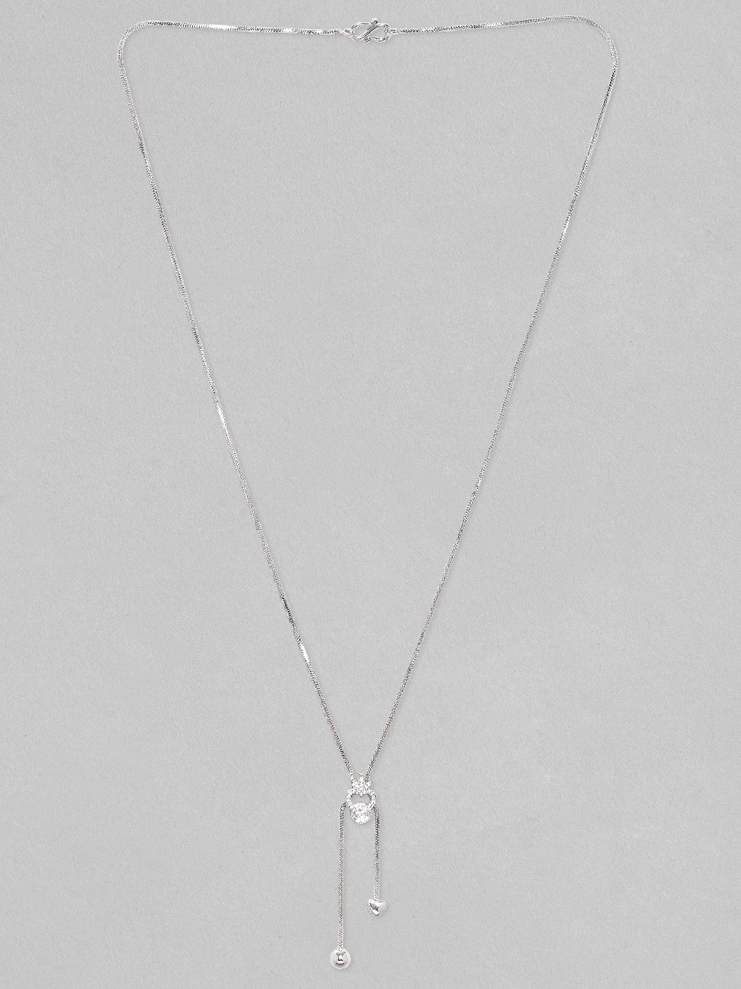 Wentra Rhodium Plated, Minimal Chain Heart Motif Solitaire Zircons Studded Drop Necklace.