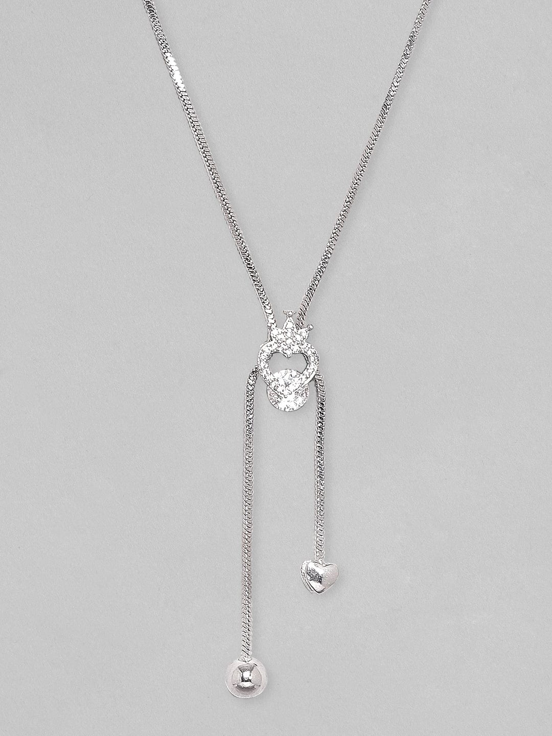 Wentra Rhodium Plated, Minimal Chain Heart Motif Solitaire Zircons Studded Drop Necklace.