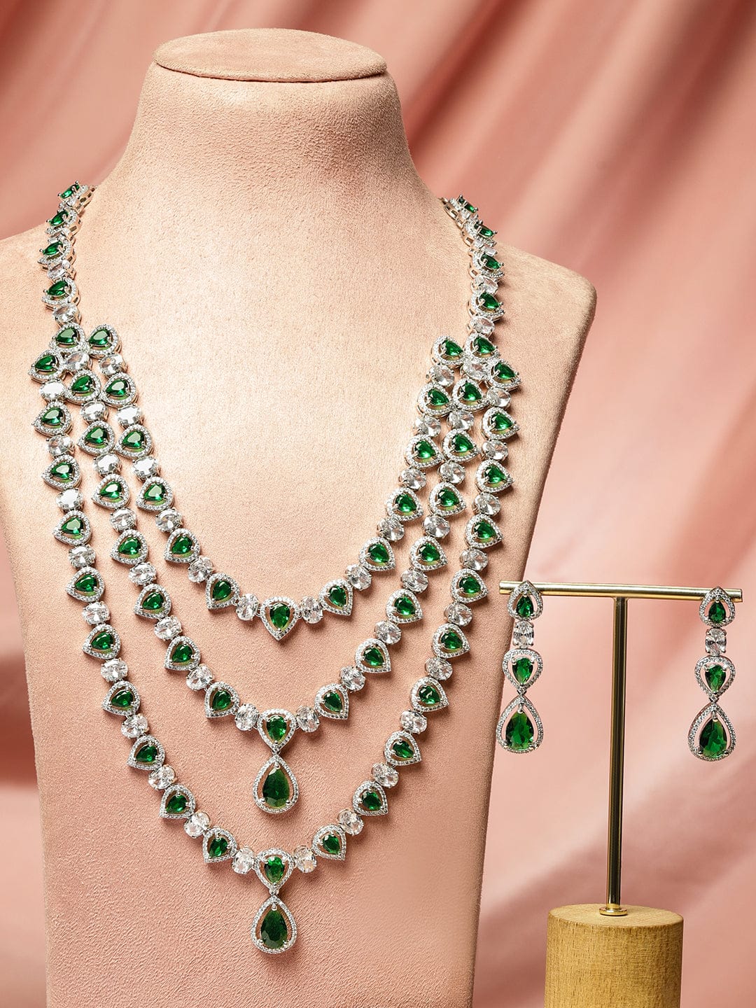 American Diamond Zirconia Green Layered Necklace Set