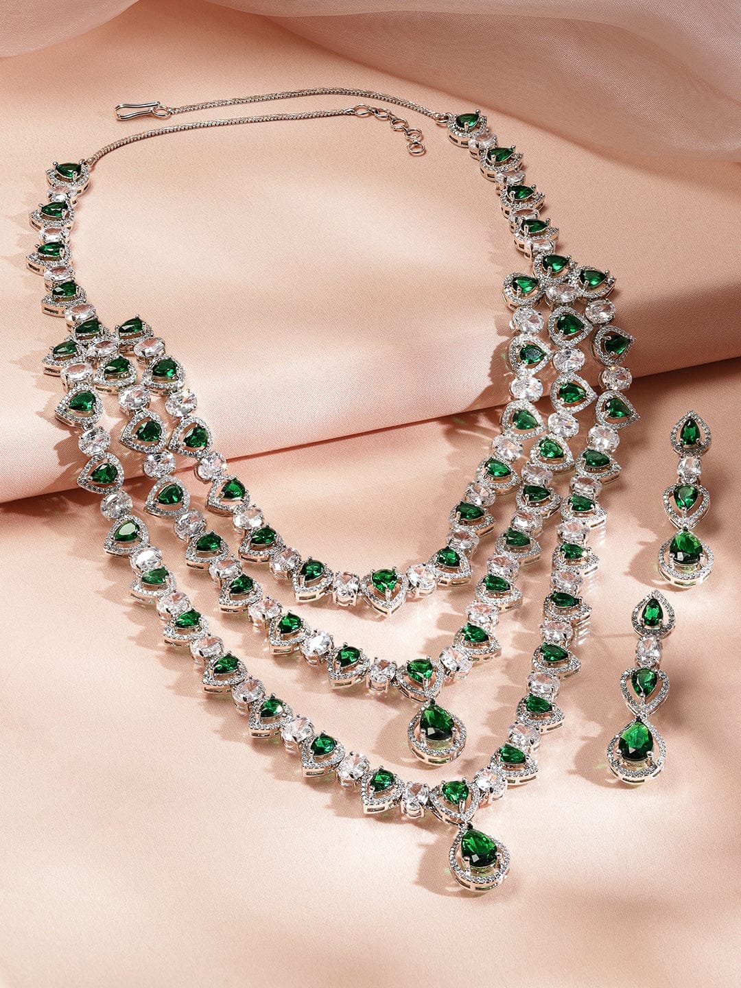 American Diamond Zirconia Green Layered Necklace Set