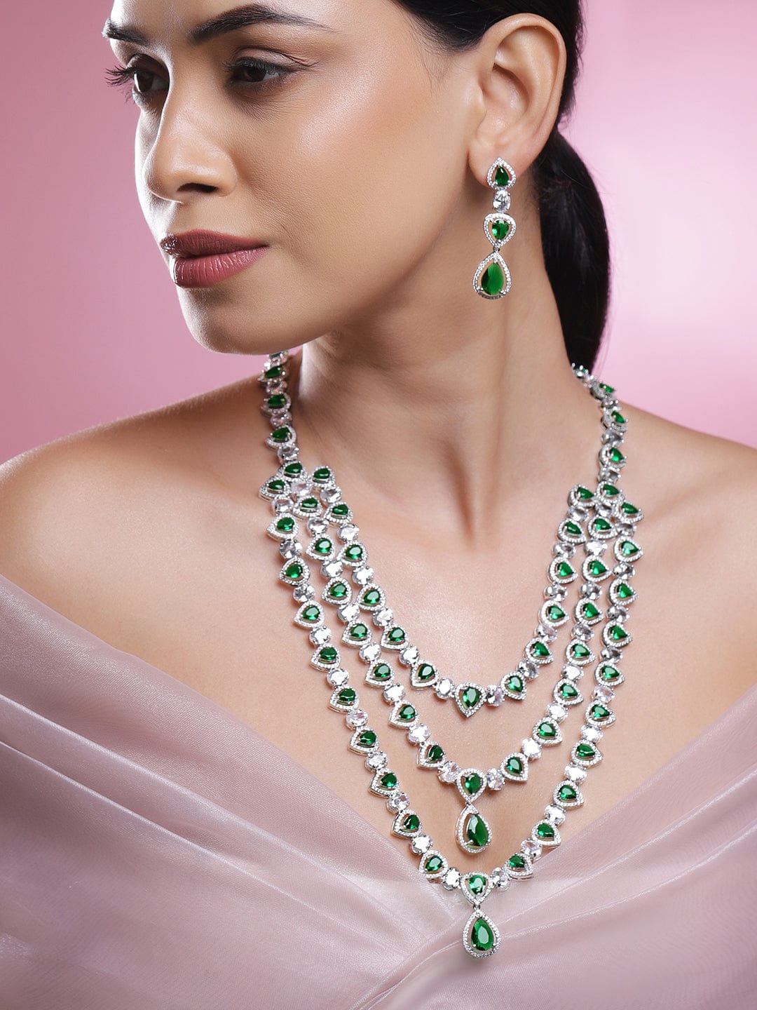 American Diamond Zirconia Green Layered Necklace Set