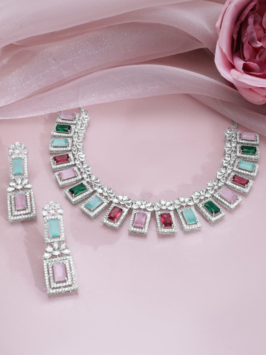 Multicolor Studded American Diamond Zirconia Necklace Set