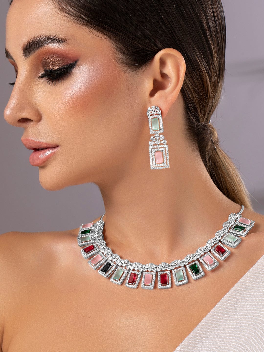 Multicolor Studded American Diamond Zirconia Necklace Set
