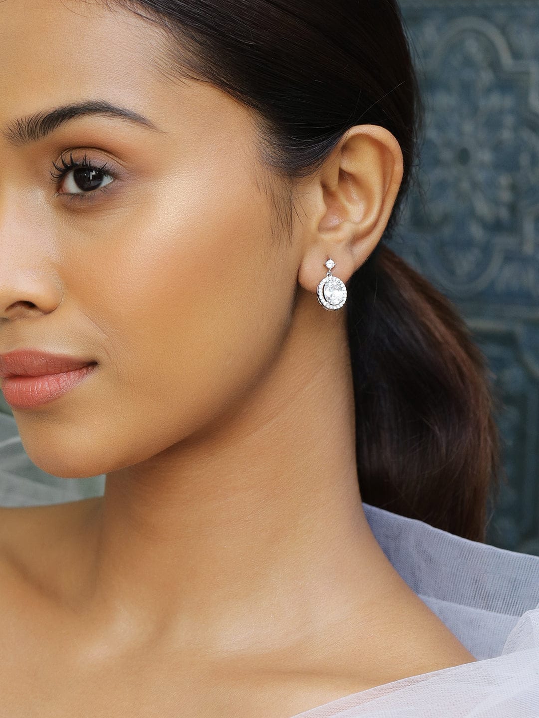 Rhodium Plated American Diamond Zirconia Drop Earrings