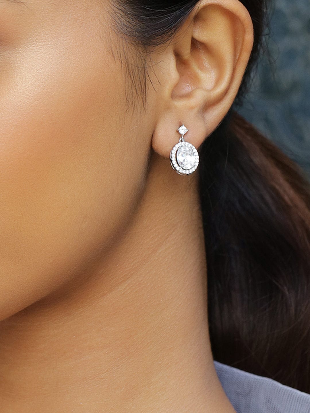 Rhodium Plated American Diamond Zirconia Drop Earrings