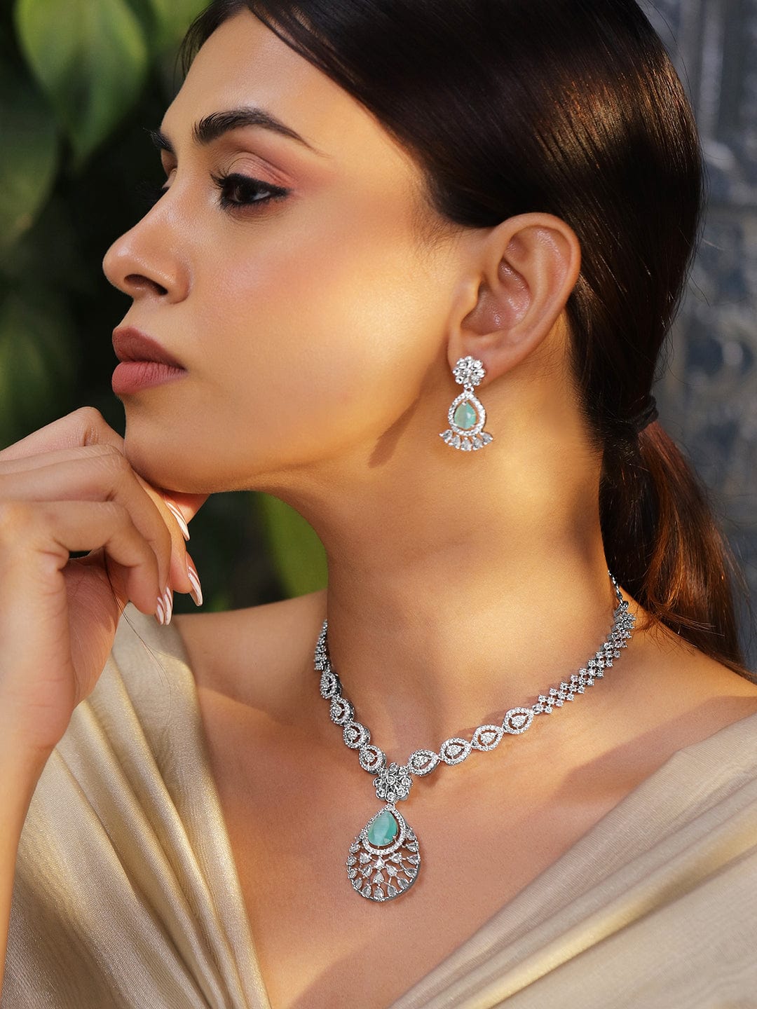 American Diamond Zirconia Green Accented Necklace Set