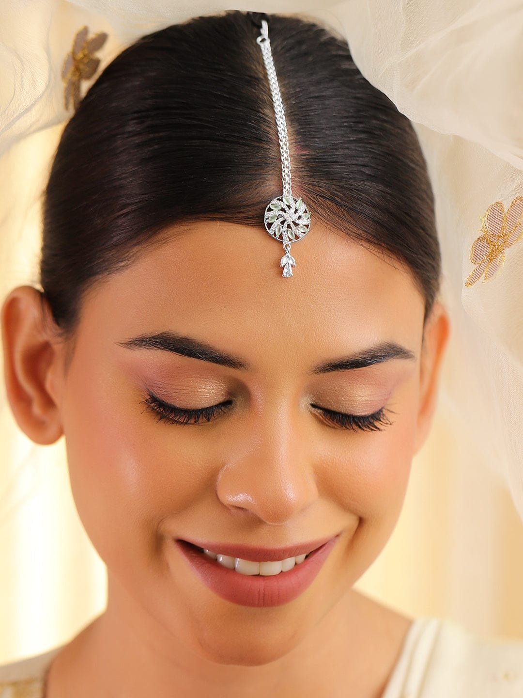 Wentra Rhodium-Plated Pastel Green and White Cubic Zirconia Maang Tikka
