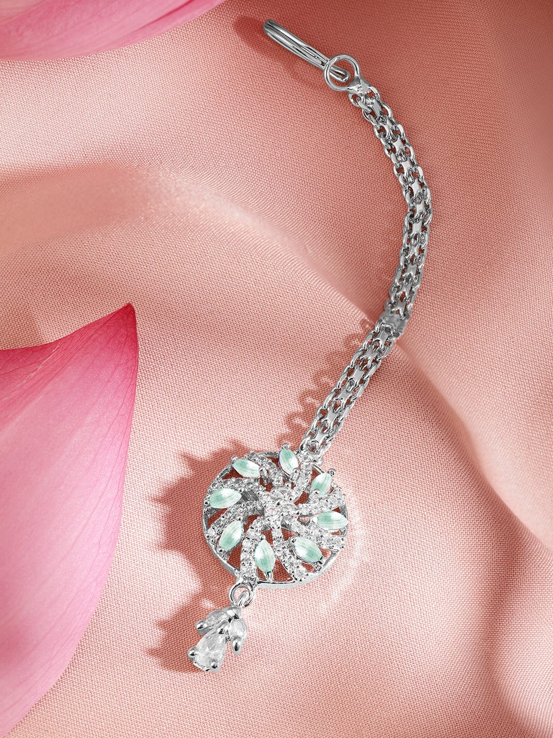 Wentra Rhodium-Plated Pastel Green and White Cubic Zirconia Maang Tikka