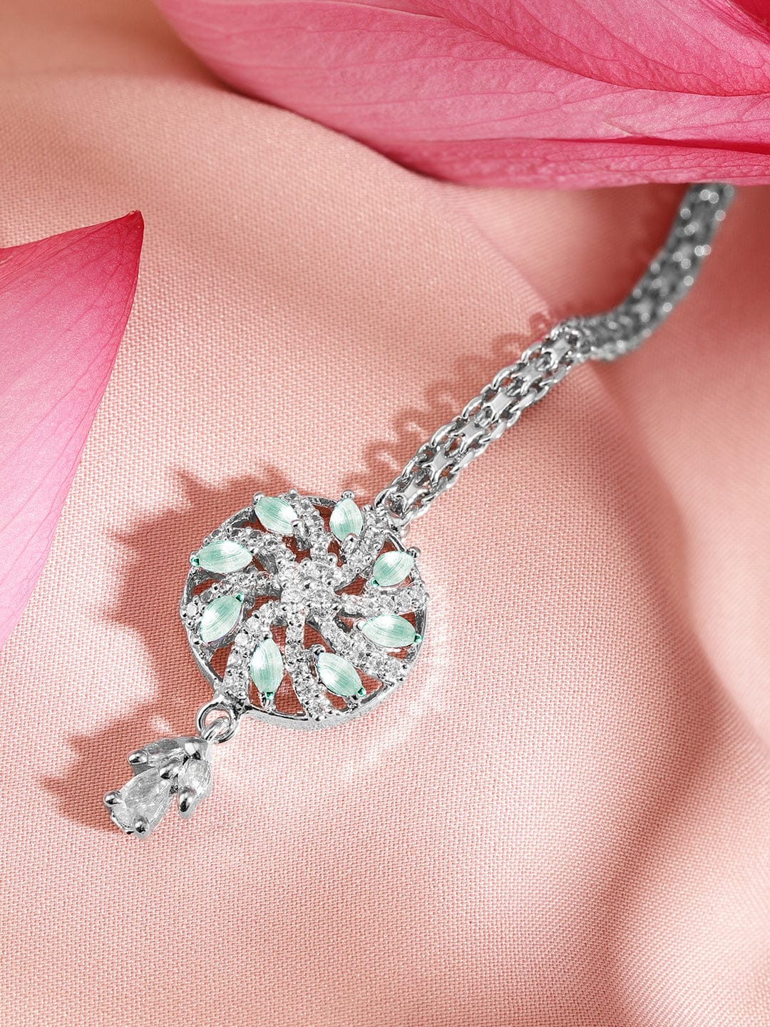 Wentra Rhodium-Plated Pastel Green and White Cubic Zirconia Maang Tikka