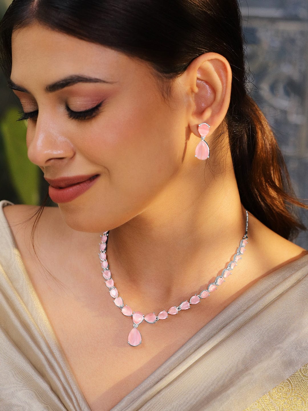 Pink Necklace Set With American Diamond Zirconia