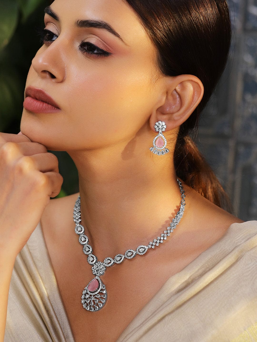 Pink American Diamond Zirconia Necklace Set