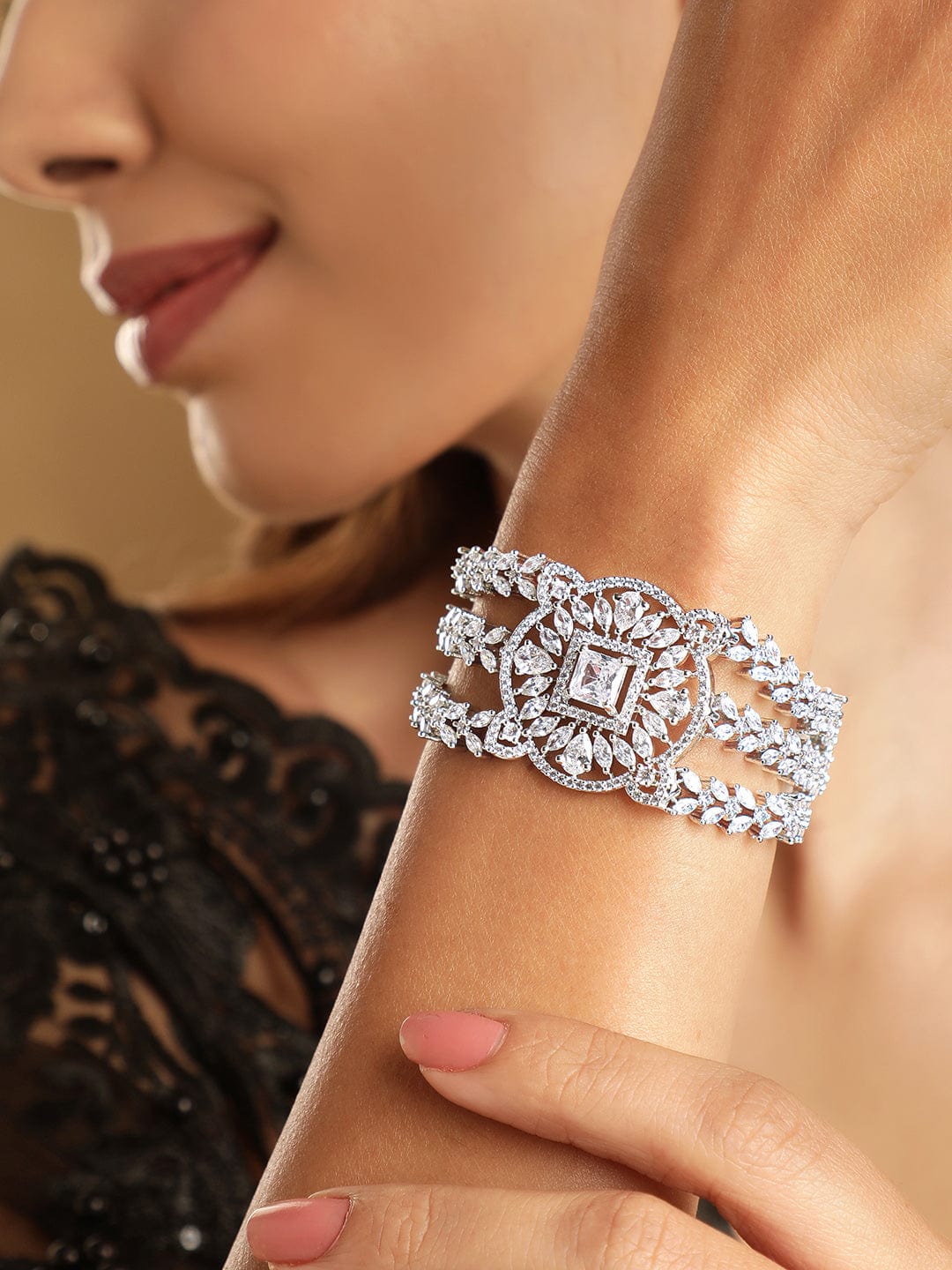 Wentra Rhodium Plated Pave Cubic Zirconia Stone Studded Triple Layer Premium Chain Bracelet
