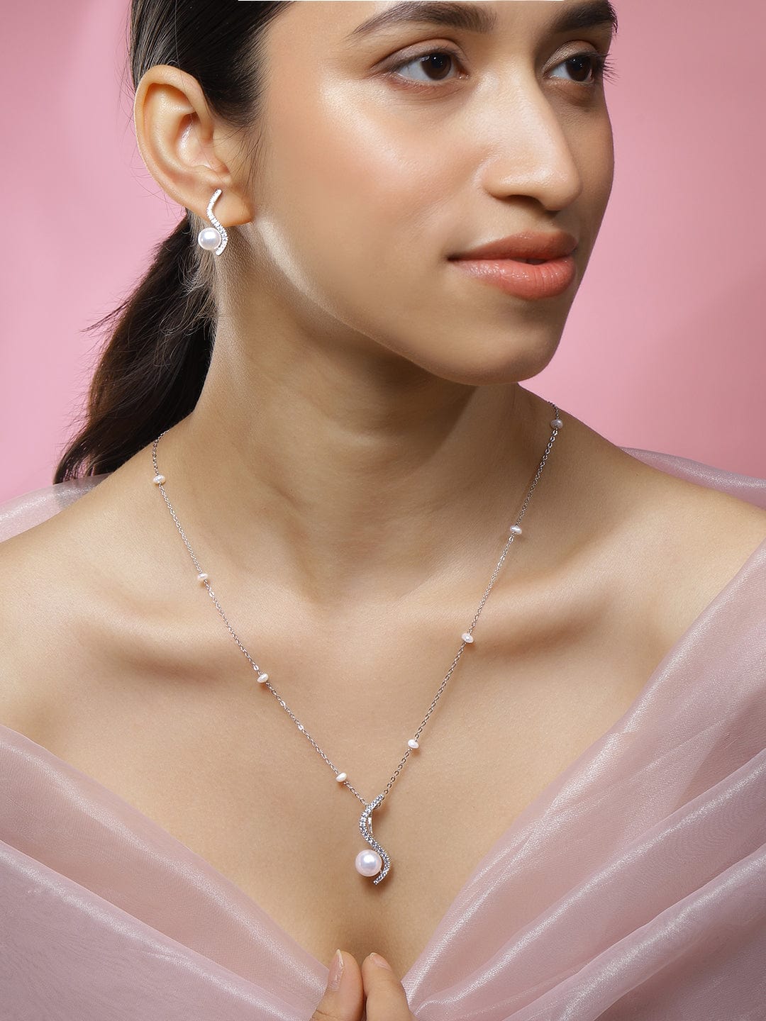 American Diamond Zirconia Pearl Necklace Set