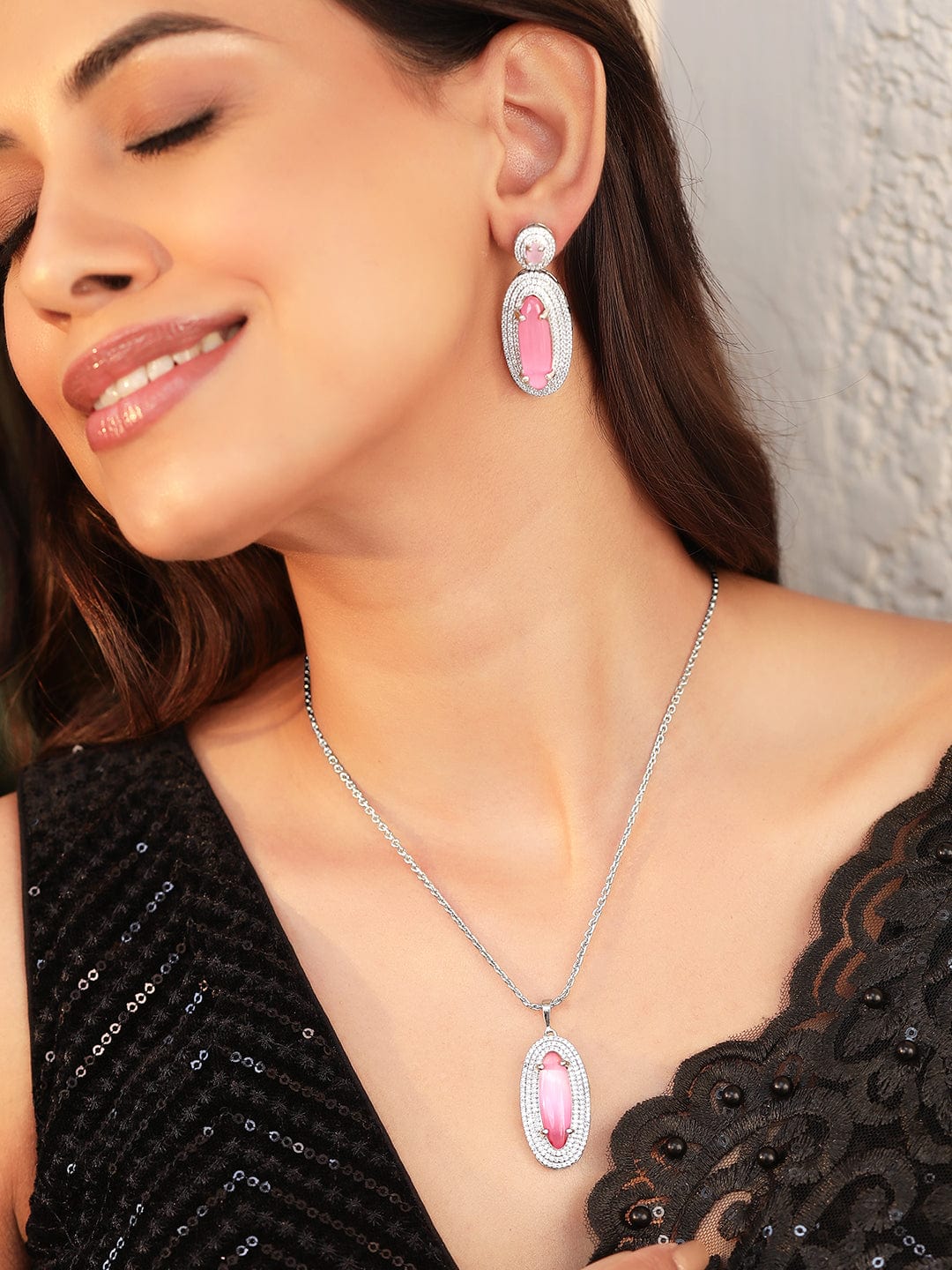 Pink Necklace Set In American Diamond Zirconia