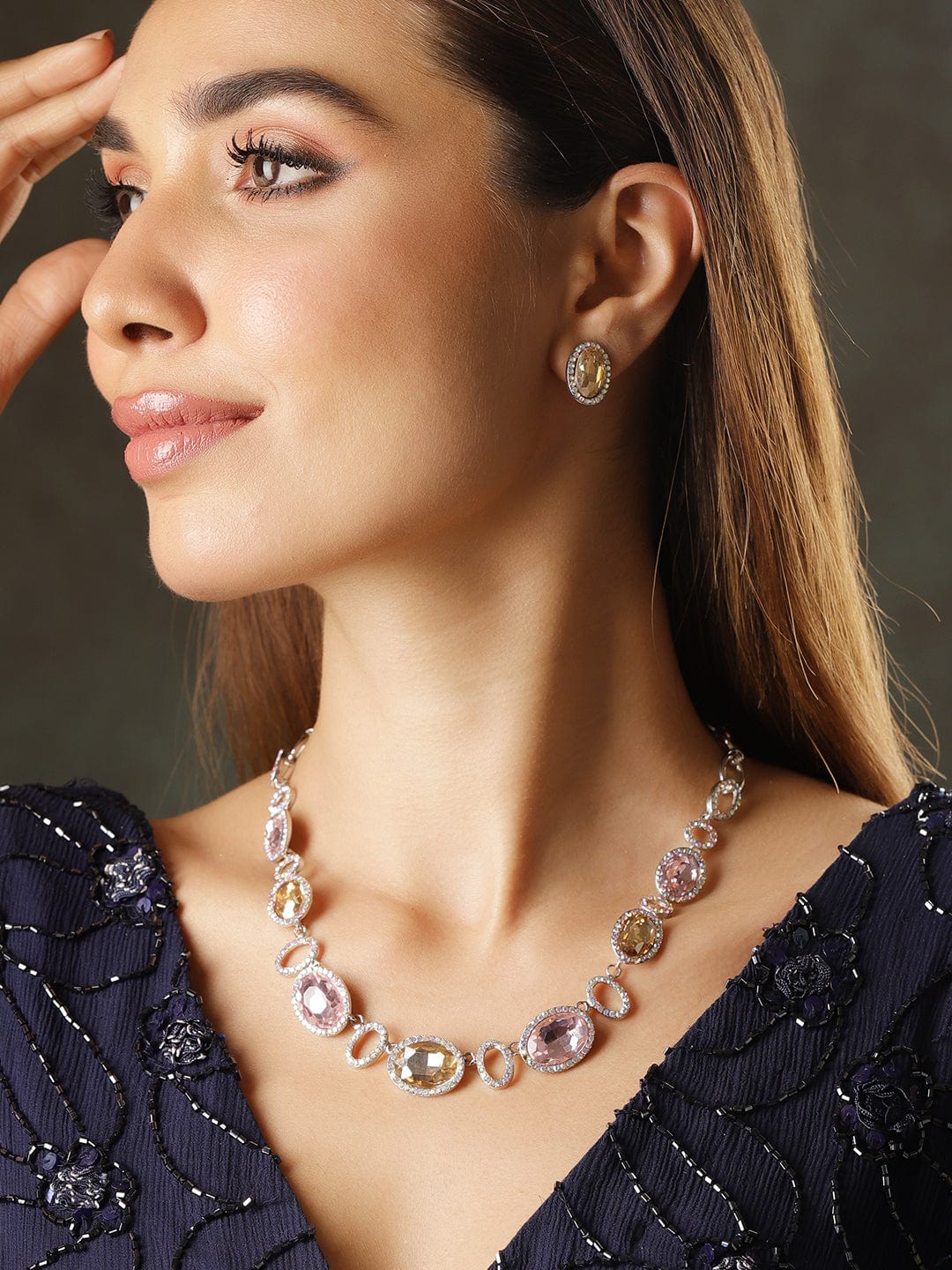 American Diamond Zirconia Pink & Yellow Necklace Set