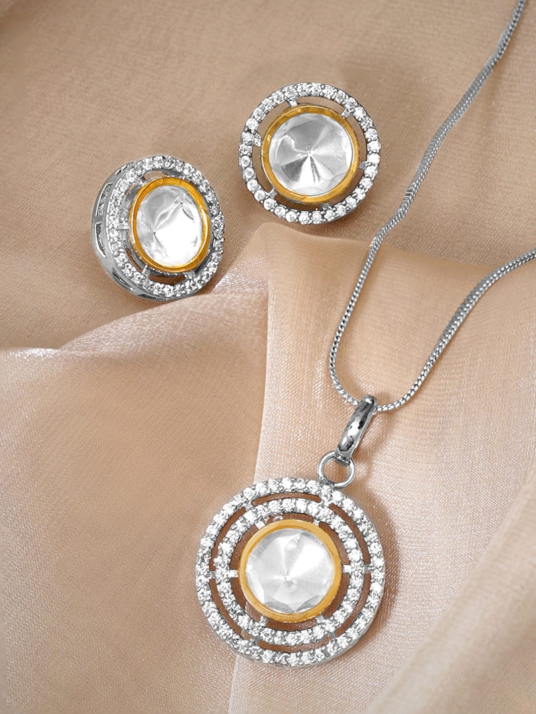 Wentra Rhodium Plated Polki & Zirconia Studded Minimal Pendant Set