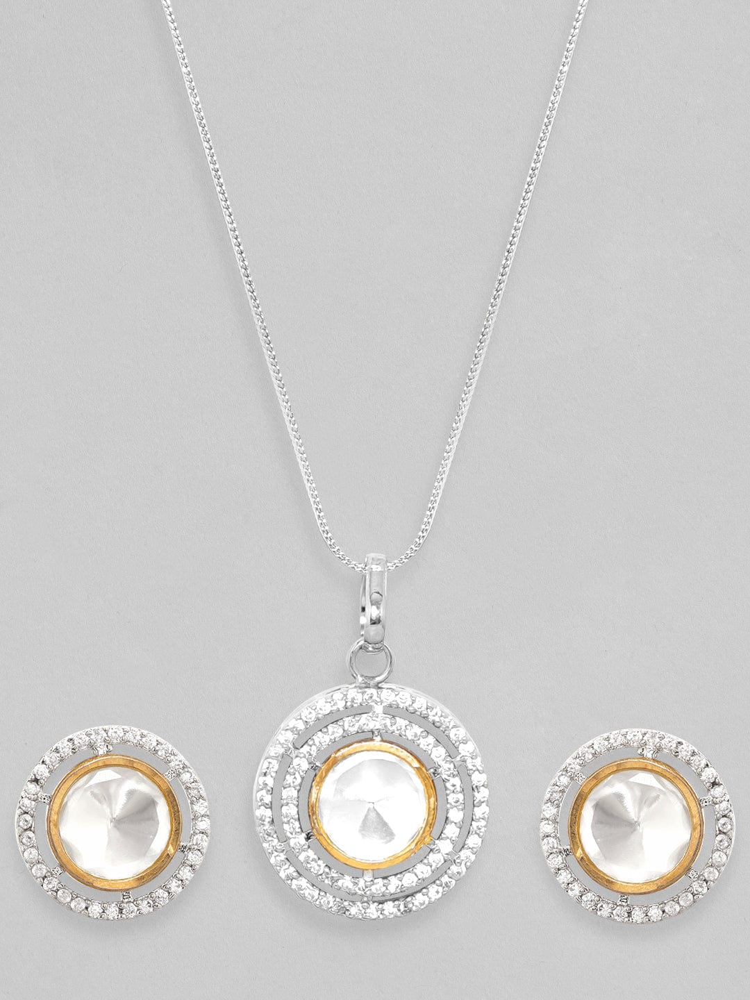 Wentra Rhodium Plated Polki & Zirconia Studded Minimal Pendant Set