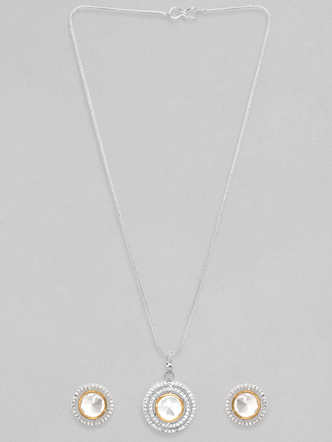 Wentra Rhodium Plated Polki & Zirconia Studded Minimal Pendant Set