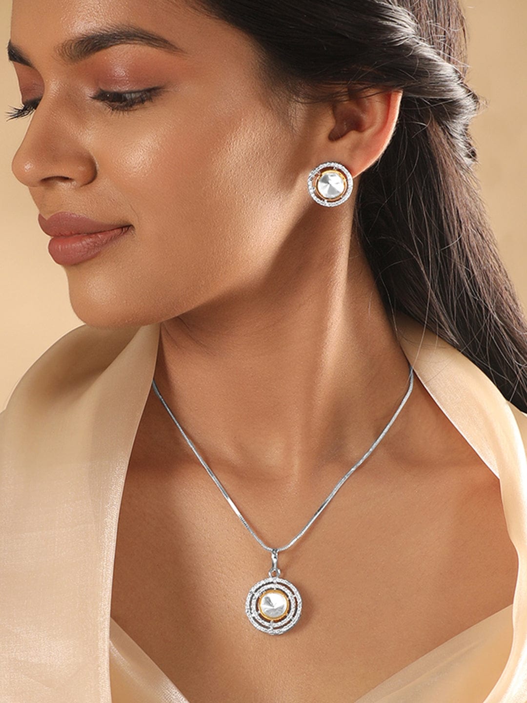 Wentra Rhodium Plated Polki & Zirconia Studded Minimal Pendant Set