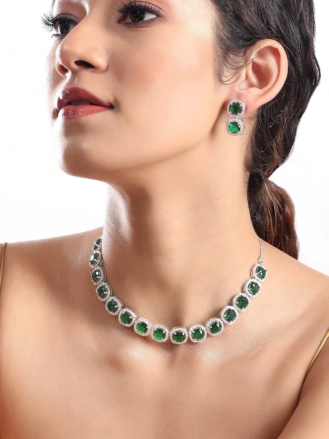 American Diamond Zirconia Emerald Necklace Set