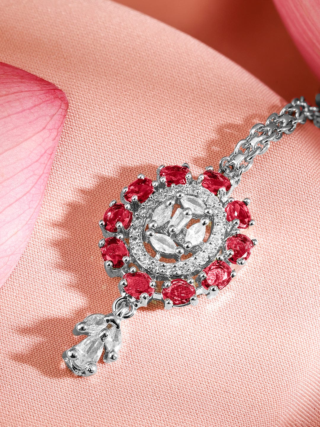 American Diamond Zirconia Pink Accented Maang Tikka
