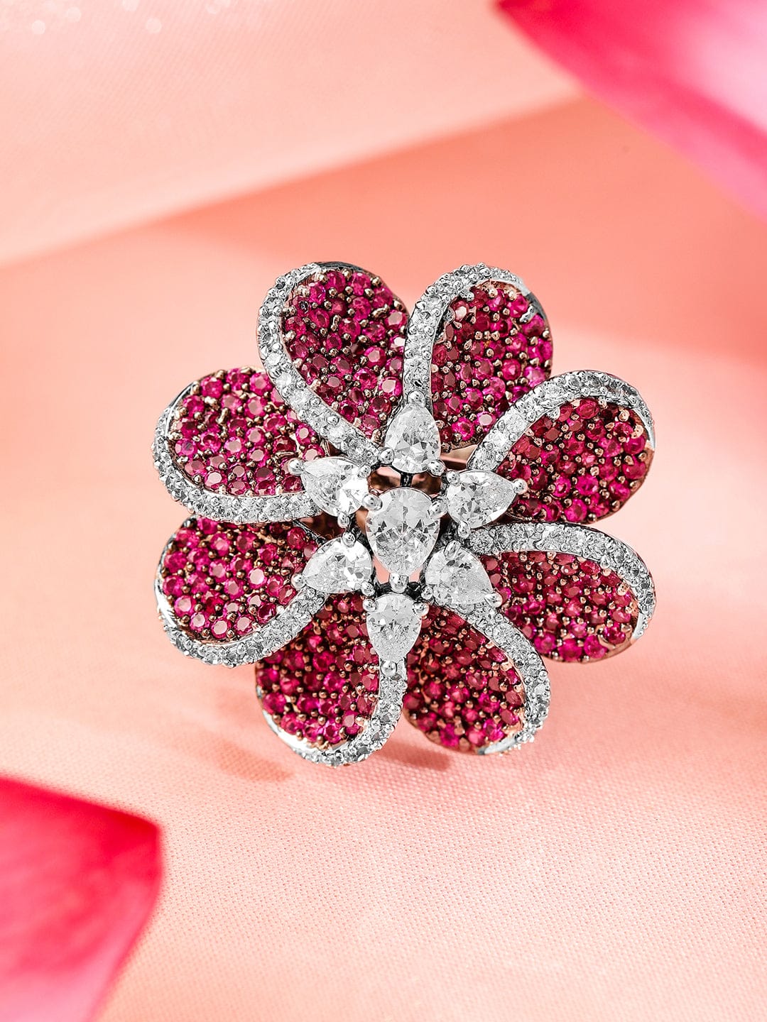 Red Floral American Diamond Zirconia Ring