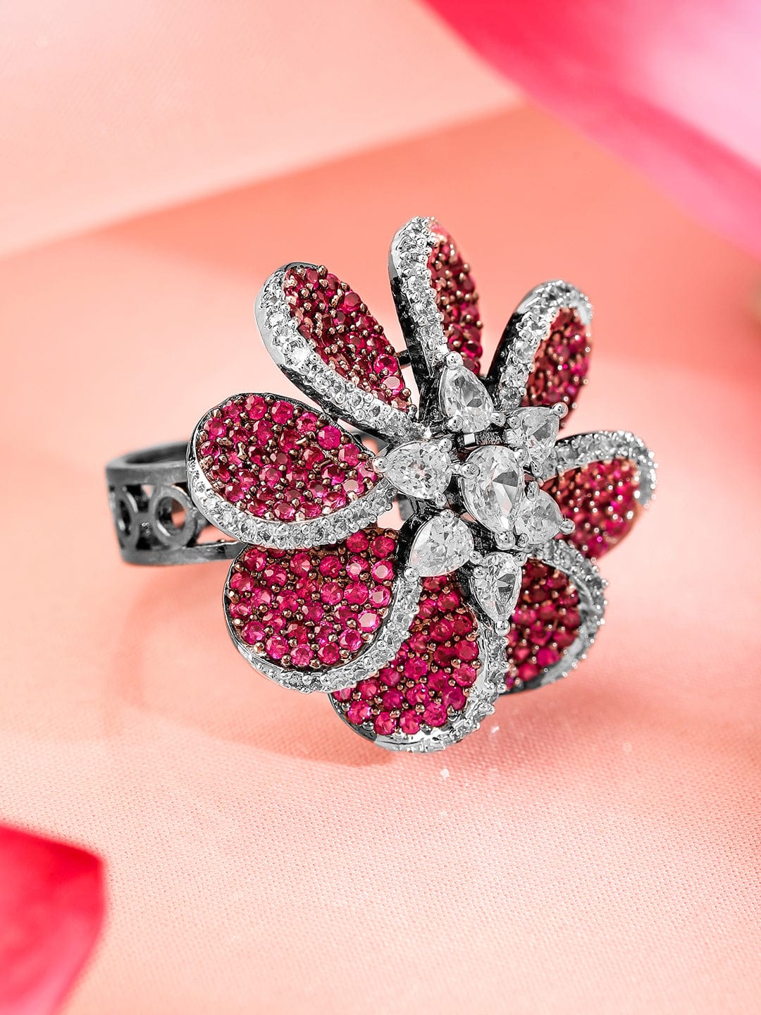 Red Floral American Diamond Zirconia Ring