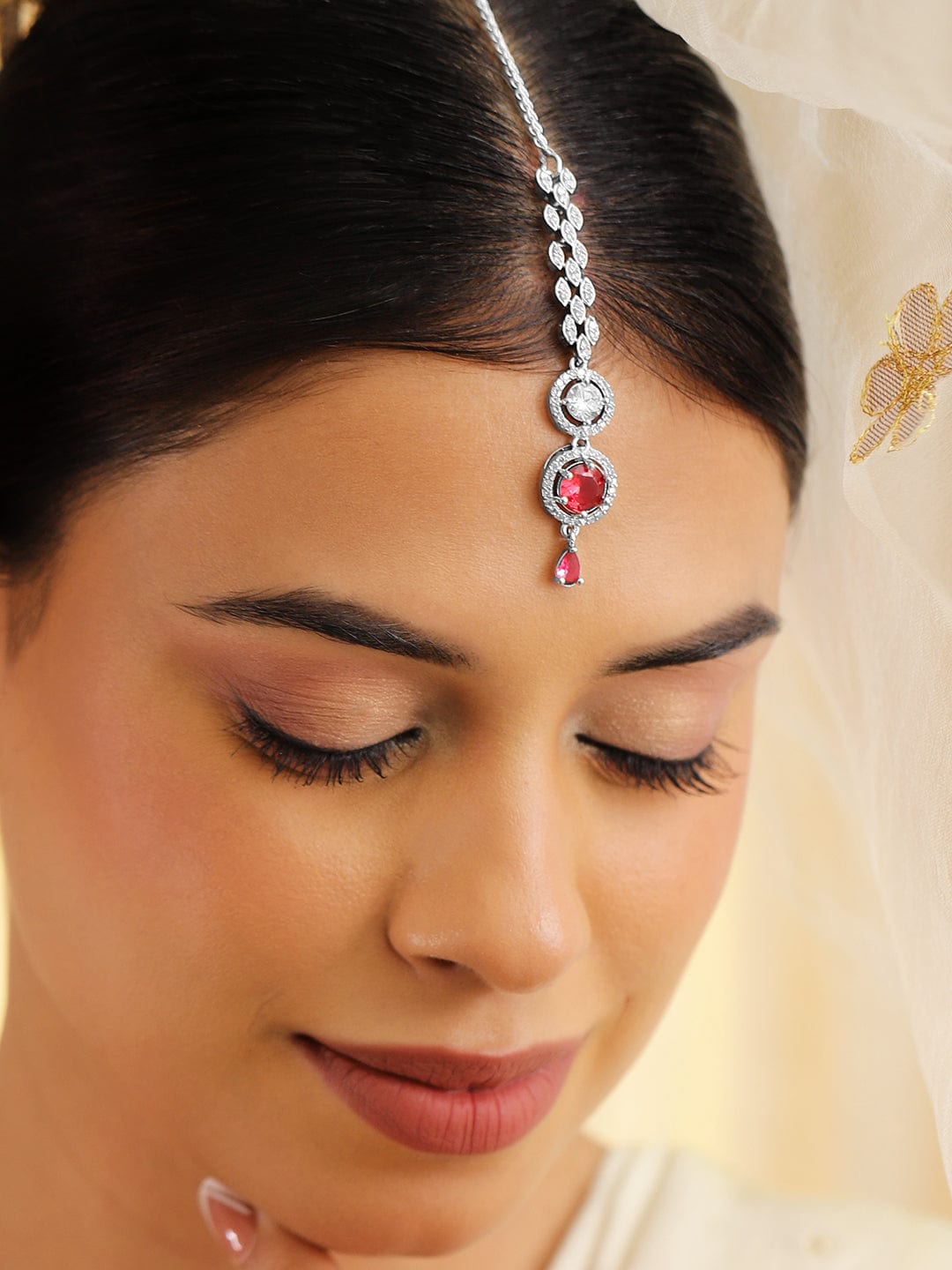 Wentra Rhodium Plated Red & White Cubic Zirconia Maang Tikka