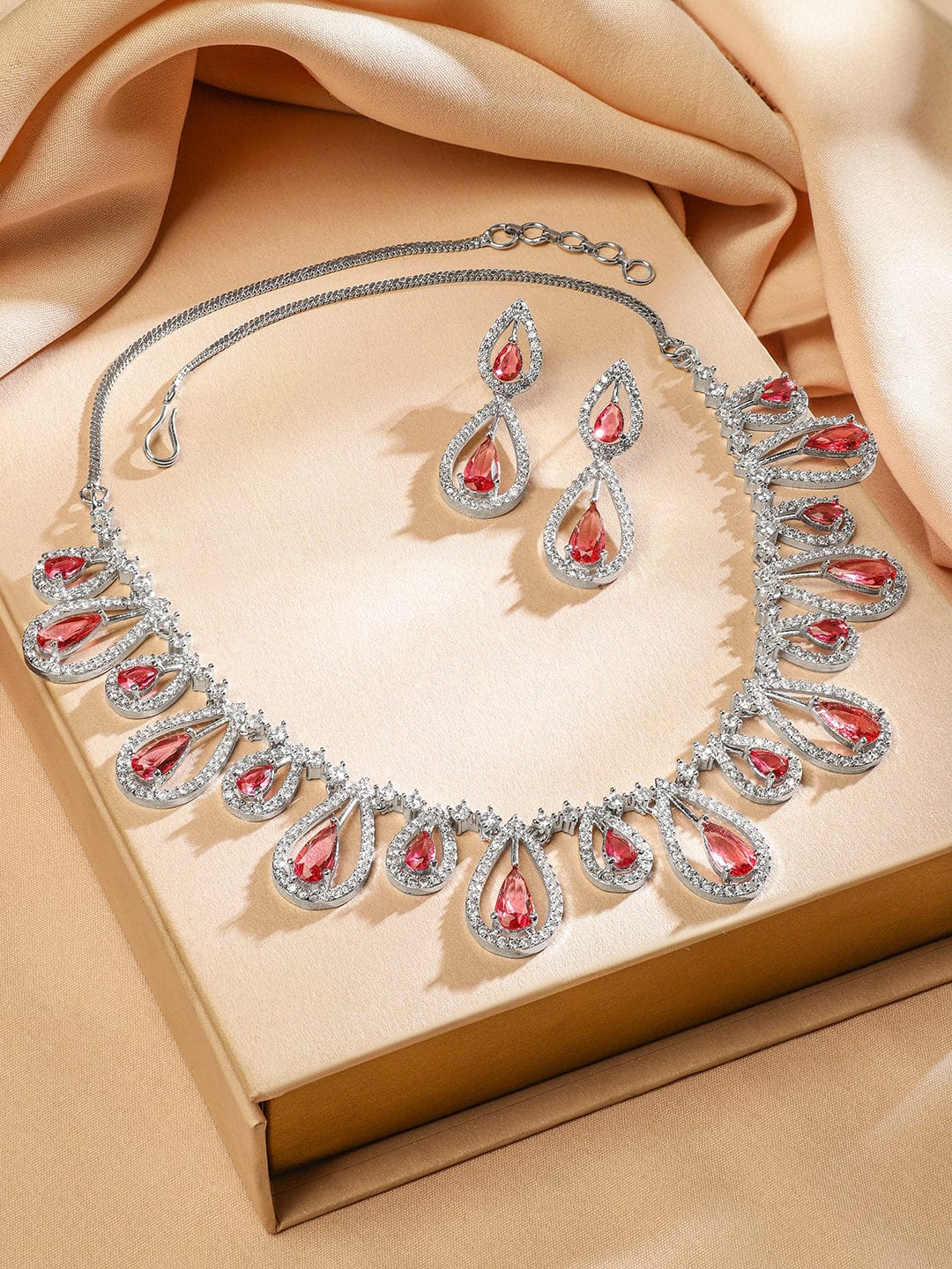 Pink American Diamond Zirconia Teardrop Necklace Set