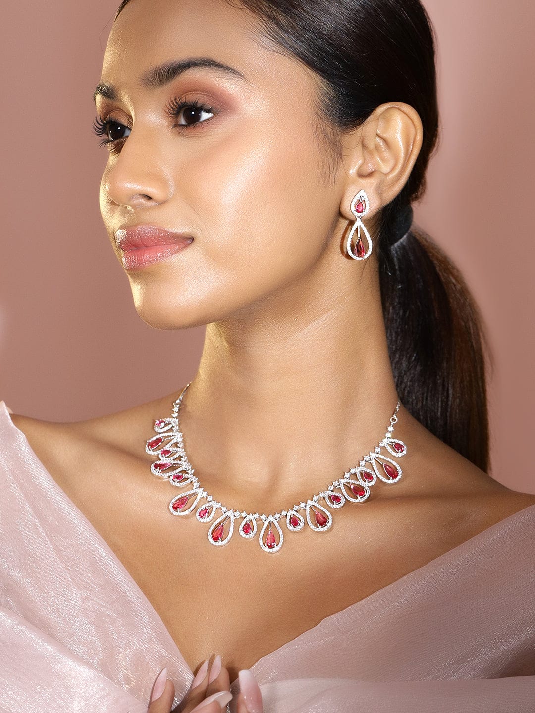 Pink American Diamond Zirconia Teardrop Necklace Set
